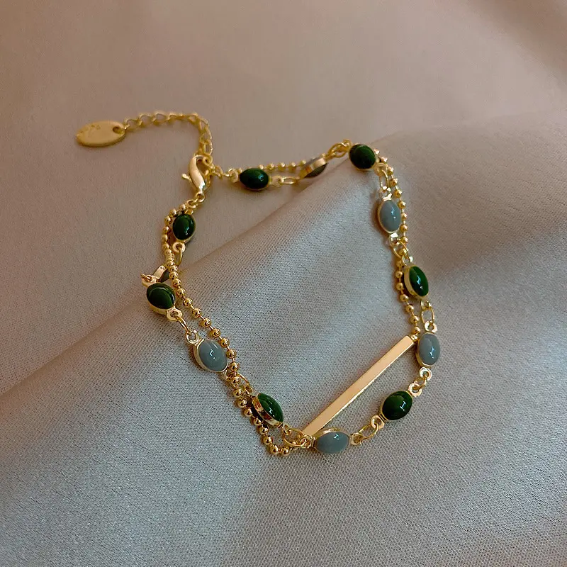 2021 Korean New Arrival Double Layered Emerald Beads Bracelet Gold Plating Minimalist Style Green Crystal Layered Chain