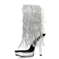 Bottines à plateforme transparente de 13 cm (5 pouces) à semelle épaisse, avec fines lanières, strass et pompons, style gothique exotique, bout ouvert, pour boîte de nuit, printemps-été