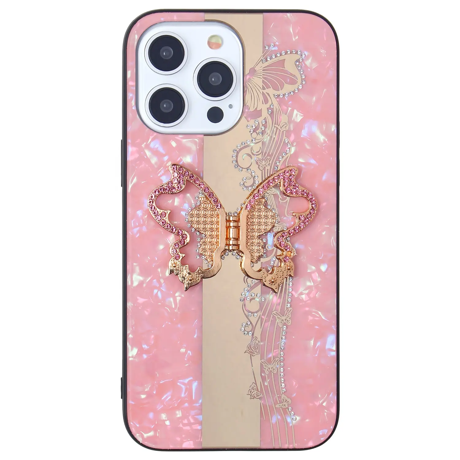 Nueva funda de teléfono con patrón de concha de moda Diamond Butterfly para iPhone 14 15 pro Max 12 13Pro, funda protectora con soporte