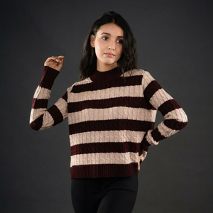 Pull à col roulé rayé imprimé vintage pour femme, manches longues, tricot épais, pull décontracté pour l'hiver, laine/viscose - Product Image 1