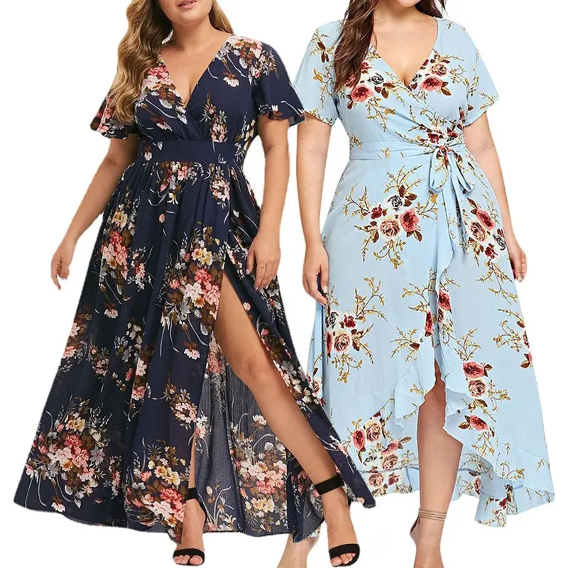 Plus Size Womens Floral Dresses Empire Waist Top Beach Sundress Asymmetrical High Low Skirt Bohemian Attire Hawaiian Maxi Dress