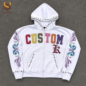 Custom Men's Streetwear Hoodie Vintage Embroider French Terry Boxy Cropped Oversized Distressed Design Rhinestone <b>Zip</b> <b>up</b> <b>Hoodies</b> - Product Image 1