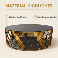 Table basse ronde en acier et verre de luxe personnalisée avec un design en écailles de poisson, acier inoxydable et marbre pour salon