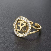 Nouvelle Arrivée Bague Ronde OM Yoga en Zircon Acier Inoxydable Anneaux Ouverts pour Femme Amulette Bouddhisme Bijoux Spirituels Cadeau
