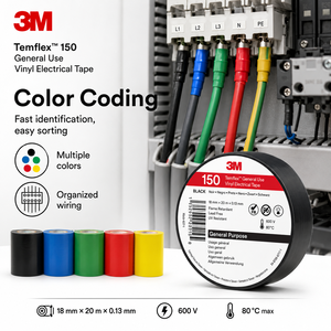 Cinta Aislante Eléctrica de Vinilo Original <span class=keywords><strong>3M</strong></span> <span class=keywords><strong>Temflex</strong></span> 150 de 18 mm x 10 m x 0,13 mm para Aislamiento de 600 V - Product Image 3