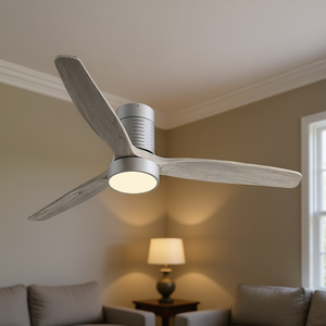 Ventilador de techo LED de 52 pulgadas, color plateado, 3 aspas de madera maciza, motor DC, control remoto para sala de estar - Product Image 2
