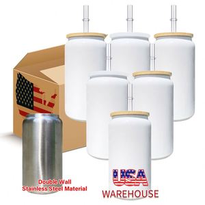 Stainless Steel Insulated Tumbler Sublimation 16oz White <b>Metal</b> Soda Beer Can Cups with Bamboo and Acrylic Lids - Product Image 1