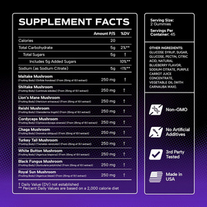 Gummies Complexe 12-en-1 aux Champignons (Crinière de Lion, Reishi, Chaga, Maitake, Cordyceps) pour la Concentration et la Mémoire, Véganes, 90 unités, Fabrication OEM aux États-Unis - Product Image 2