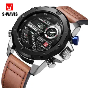 SWAVES品牌运动手表休闲商务真皮手表双显示计时时钟数字秒表男士腕表