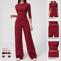 Set Yoga Wanita 2 Potong Bahan Lembut Seperti Mentega, Grosir Custom, Lengan Setengah, Celana Pinggang Tinggi Kaki Lebar, Bahan Bernapas, Lembut, Pakaian Olahraga Aktif