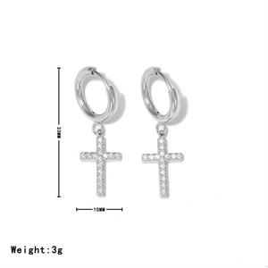 Pendientes de Aro Populares y Sencillos al por Mayor, Unisex, de Acero Inoxidable con Cruz y Piedras Preciosas - Product Image 4