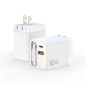 65W GaN Charger <b>with</b> Retractable Cable <b>USB</b> C US EU AU UK <b>Plugs</b> Wall Charger Block for All Phones - Product Image 5