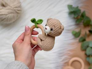 かぎ針編みガラガラギフトセットクマ木材サークルブレスレットかわいい動物ソフトニットかぎ針編み赤ちゃんガラガラ - Product Image 6