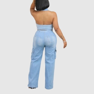 Combinaison décontractée sans manches en jean délavé coupe slim et jambe droite pour femme – Nouvelle collection en gros - Product Image 2