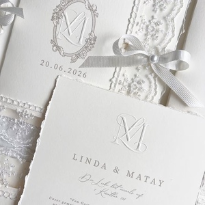 Invitación de Boda de Lujo Personalizada con Encaje, Tarjeta Hecha a Mano con Borde Rústico, Impresión Tipográfica en Papel Offset, Juego de Invitaciones - Product Image 2