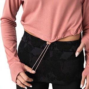 Haut court rose à manches longues pour femme, col rond, couleur unie, sportif, tricoté, en spandex et polyester, respirant, coupe classique, printemps-été - Product Image 3