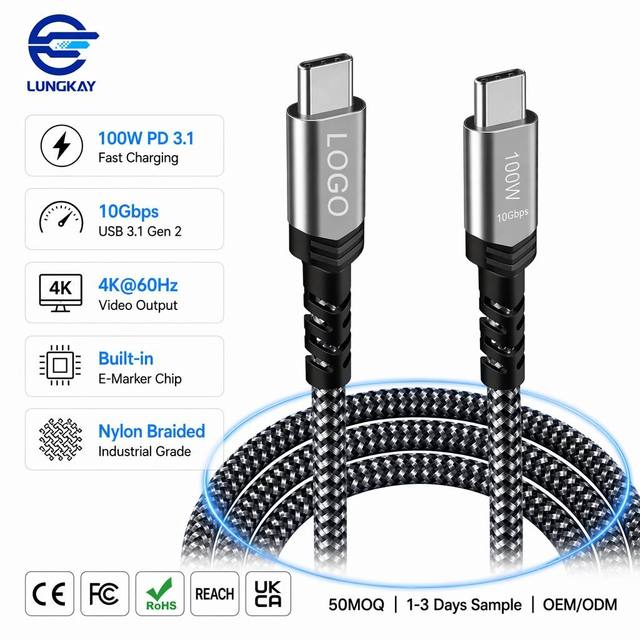 LUNG KAY Manufacture OEM 100W PD 3.1 USB 3.1 Type C to Type C Cable 10Gbps 4K 60Hz E-Marker Chip Industrial Data Cord