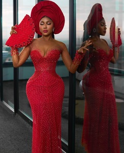 Vestidos de noche personalizados con cuentas brillantes Aso Ebi, tallas grandes, con cristales, mangas largas, vestidos de fiesta de boda tradicionales africanos - Product Image 2