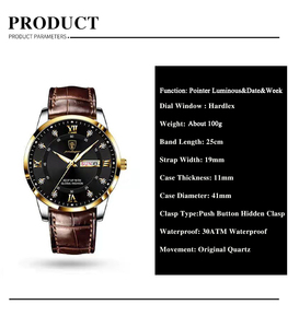 POEDAGAR 836 Montres <span class=keywords><strong>à</strong></span> quartz pour hommes en cuir marron étanche, lumineuse, décontractée, de luxe, montre-bracelet Offre Spéciale hommes - Product Image 3