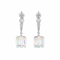 Boucles d'oreilles pendantes élégantes en argent scintillant, effet aurore boréale, cube de cristal irisé à facettes, serties de griffes, bijoux de mode pour femme, cadeau