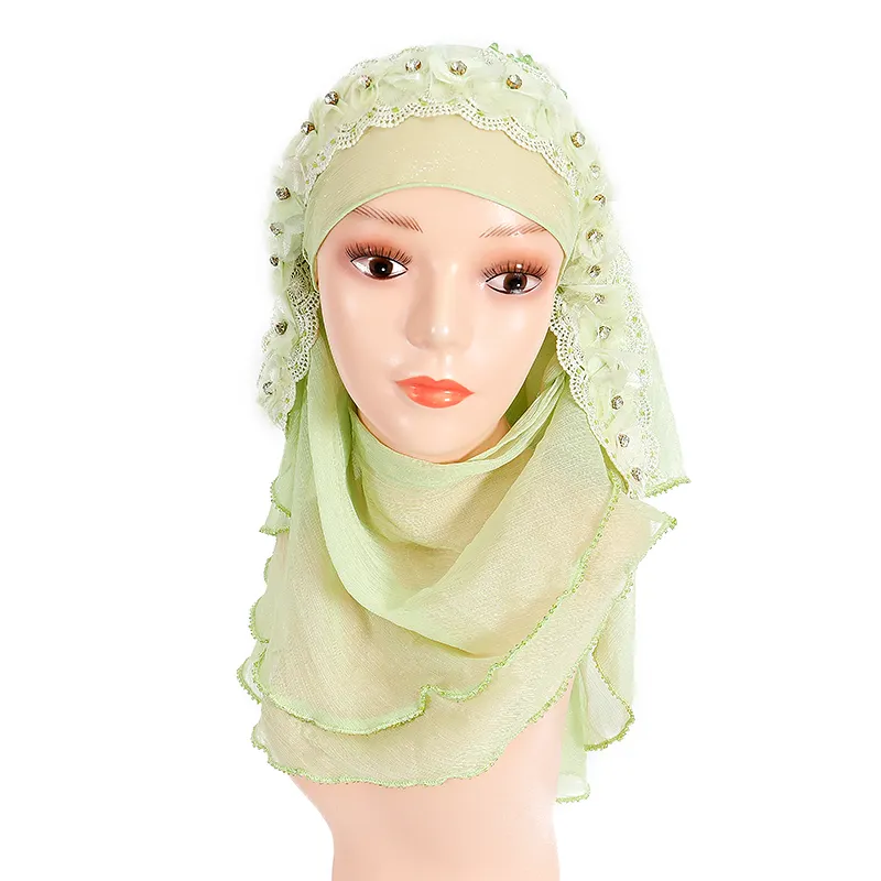 Bufanda musulmana de color sólido para niñas, hijab islámico de Malasia con cuentas, con encaje de diamantes de imitación, Popular