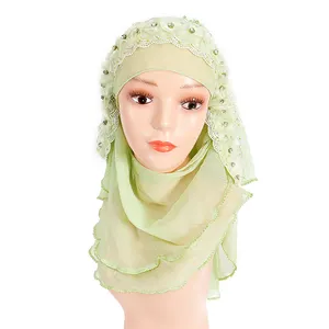 Populaire foret Chaud solide couleur écharpe musulmane filles fantaisie strass dentelle malaisie islamique hijab avec perles dames hijab musulman