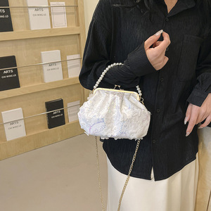 热销女士西式单肩PU防水外壳夹扣式珍珠链花卉刺绣手提包手拿包 - Product Image 2