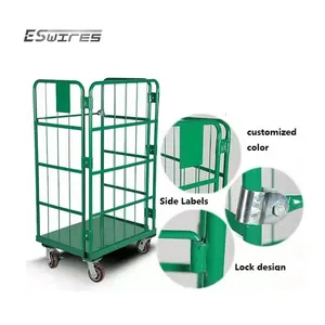Collapsible powder coated metal mesh sided storage cage foldable roll trolley with wheel