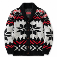 Suéter Cárdigan para Hombre con Cuello Chal, Diseño Nórdico Jacquard con Patrón Geométrico, Poliéster, Cierre de Botones, Tejido de Invierno, Venta al Por Mayor OEM