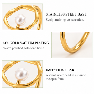 Gold Tone <b>Stainless</b> <b>Steel</b> Imitation Pearl <b>Ring</b> Organic Open Oval Sculptural Design - Product Image 2