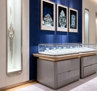 Vitrine de luxe bleue et grise pour bijouterie haut de gamme, présentoir en verre pour bijoux de luxe