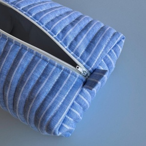 Bolsas de cosméticos de algodón a rayas grandes, bolsa organizadora de maquillaje acolchada portátil personalizada, neceser de almacenamiento con cremallera de viaje para mujer - Product Image 3