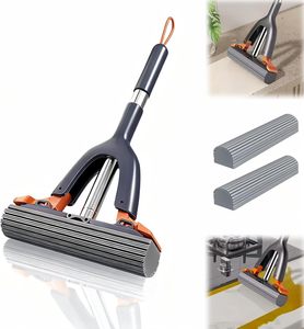 Double Row Roller Detachable Sponge <b>Mop</b>, Including 2 Reusable Sponge Heads, Suitable for Kitchen and Bathroom Tiles - Product Image 1