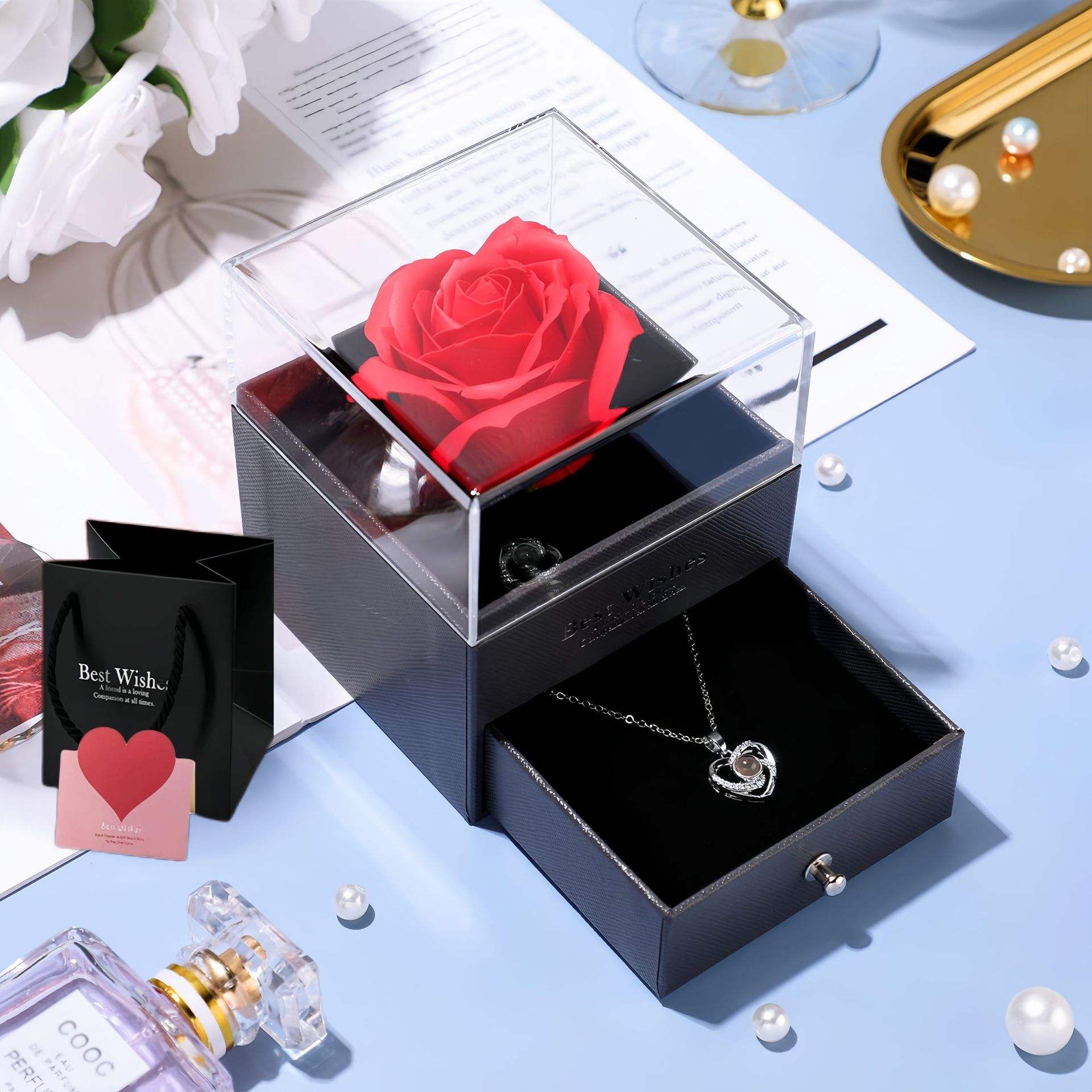 Collier et boucles d'oreilles en or rose - Coffret cadeau rose