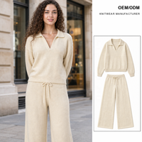 Ensemble deux pièces pull col rabattu en V et pantalon large en maille pour femme – Vêtements de créateur hiver – Vente en gros