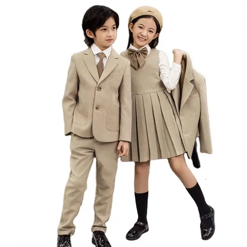 LF Noble Classic Set Children Clothes Unisex Blazer Class School Uniform Uniform Breathable Pleated Dress Khaki Fashion Uniform