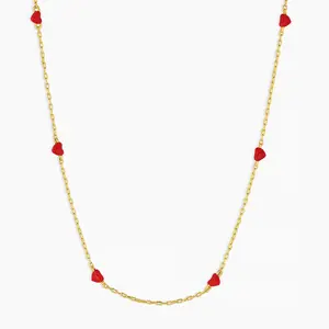 Daily Wear Adjustable 18k Gold Plated Dainty Red Enamel Hearts Charm Necklace Provides Sample Making Service