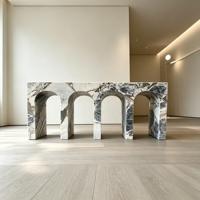 Table console rectangulaire en marbre blanc éléphant, style nordique moderne et luxueux, pour entrée, salon ou couloir.