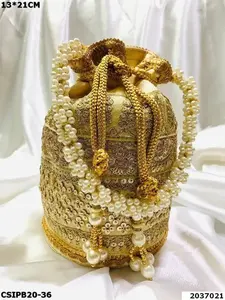 <b>Wedding</b> Hand Crafted Patola Print Potli With Gota Patch <b>Bag</b> With Beaded Chain <b>for</b> Women Evening <b>Bags</b> Embroidery Handbag - Product Image 4