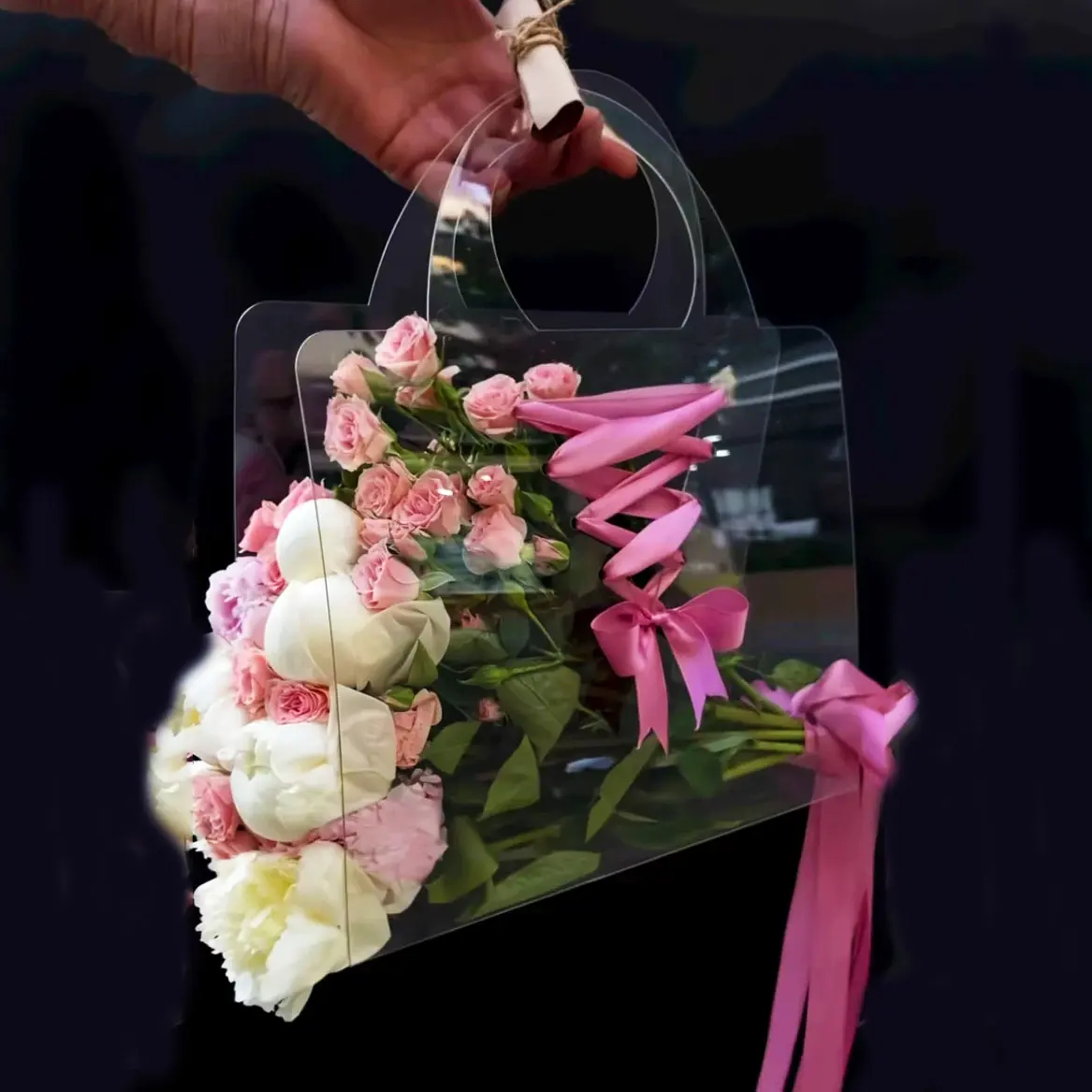 Tas Tote bunga transparan plastik Pvc kustom penjualan Tiktok untuk buket dengan pita