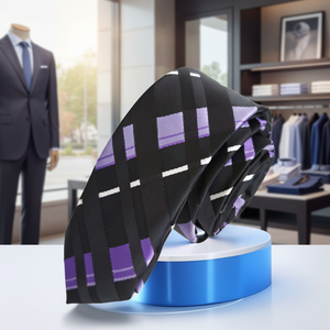 Cravate mince de mode de transition carrée à carreaux lilas noir violet - Product Image 3