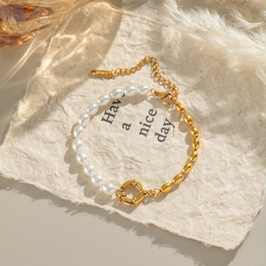New French Style Non Tarnish 18k Gold Plated Stainless Steel Chain Simple Oval <b>Pearl</b> <b>Bracelet</b> for Women Jewelry - Product Image 4