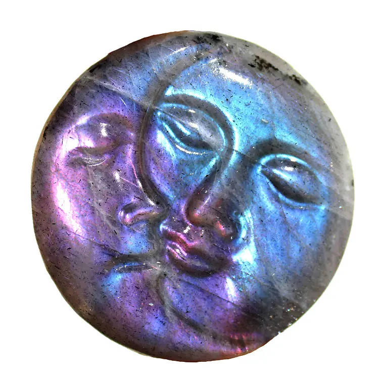 Hand Carved Natural Pink Purple Flash Labradorite Plam Stone Sun And Moon Face Carving