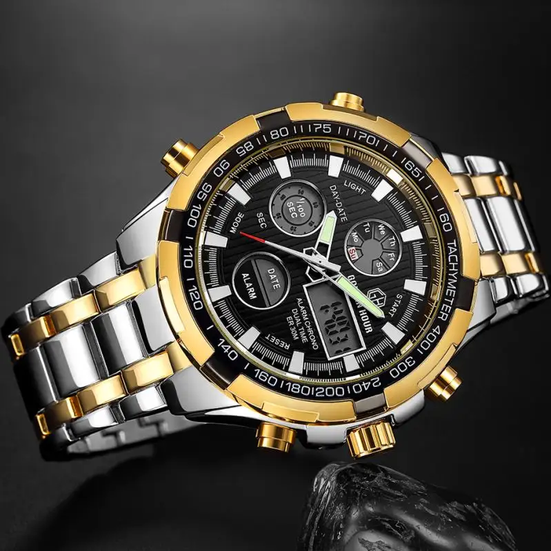 GOLDEN ชั่วโมง GH108 CLASSIC GOLD Mens นาฬิกา Perfect เหล็ก LED จอแสดงผลแบบ Dual ปฏิทิน VINTAGE Casual นาฬิกาข้อมือ