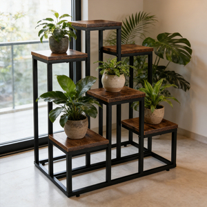 6단 목재 철제 화분 스탠드, 거실 및 발코니용 높이 조절 다리가 있는 플로어 스탠딩 꽃꽂이 진열대 - Product Image 4