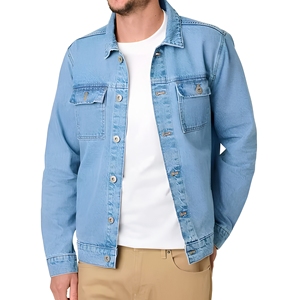 Chaqueta Trucker Clásica Personalizada de Mezclilla Azul Claro al por Mayor con Bolsillos de Solapa de Doble Botón en el Pecho y Cierres de Botón, Fabricante OEM a Granel de EE. UU. - Product Image 1