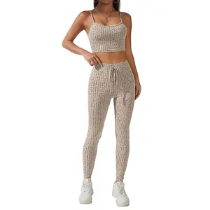 Women's Ribbed Knit Crop Cami Top Knot Front Leggings Set Solid Waffle Knit Design Marled Tie Front Features Cropped Pants Set