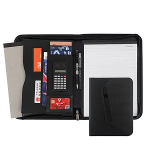 Personalized Business Document Folder Leather Zip A4 Padfolio Folder With External Pen Holder