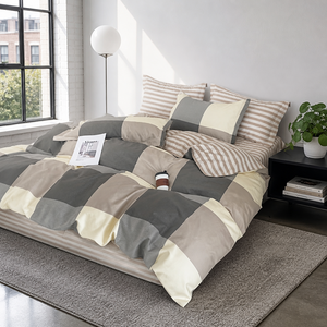 Poland Stock <b>Neutral</b> Block <b>Bedding</b> <b>Set</b> Charcoal Cream Check Cotton Duvet EU Dropshipping 3pcs - Product Image 6