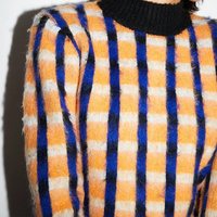 Pull en tricot surdimensionné Y2K pour femme, personnalisé OEM, à col montant, motif pied-de-poule, fourrure shaggy, bordure côtelée contrastante